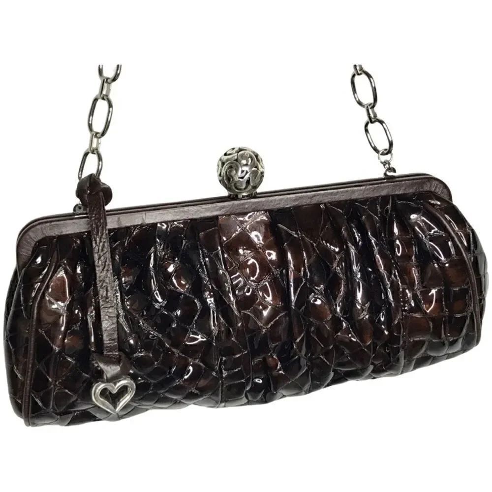 Brighton Handbag / Clutch Chain Strap Brown Patent Leather with Leather Trim